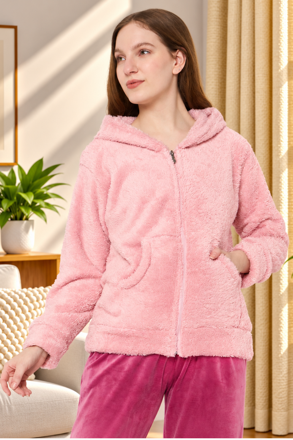 Women Solid Hooded Sherpa Fleece Sweatshirt