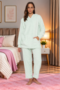 Women Embossed Full Sleeve Hooded Top and Pajama Pants with Pockets