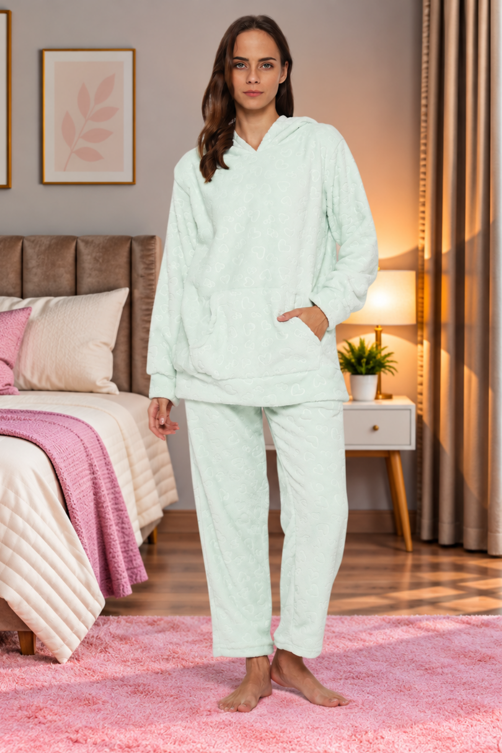 Women Embossed Full Sleeve Hooded Top and Pajama Pants with Pockets
