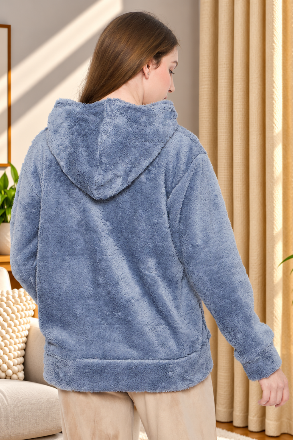 Women Solid Hooded Sherpa Fleece Sweatshirt