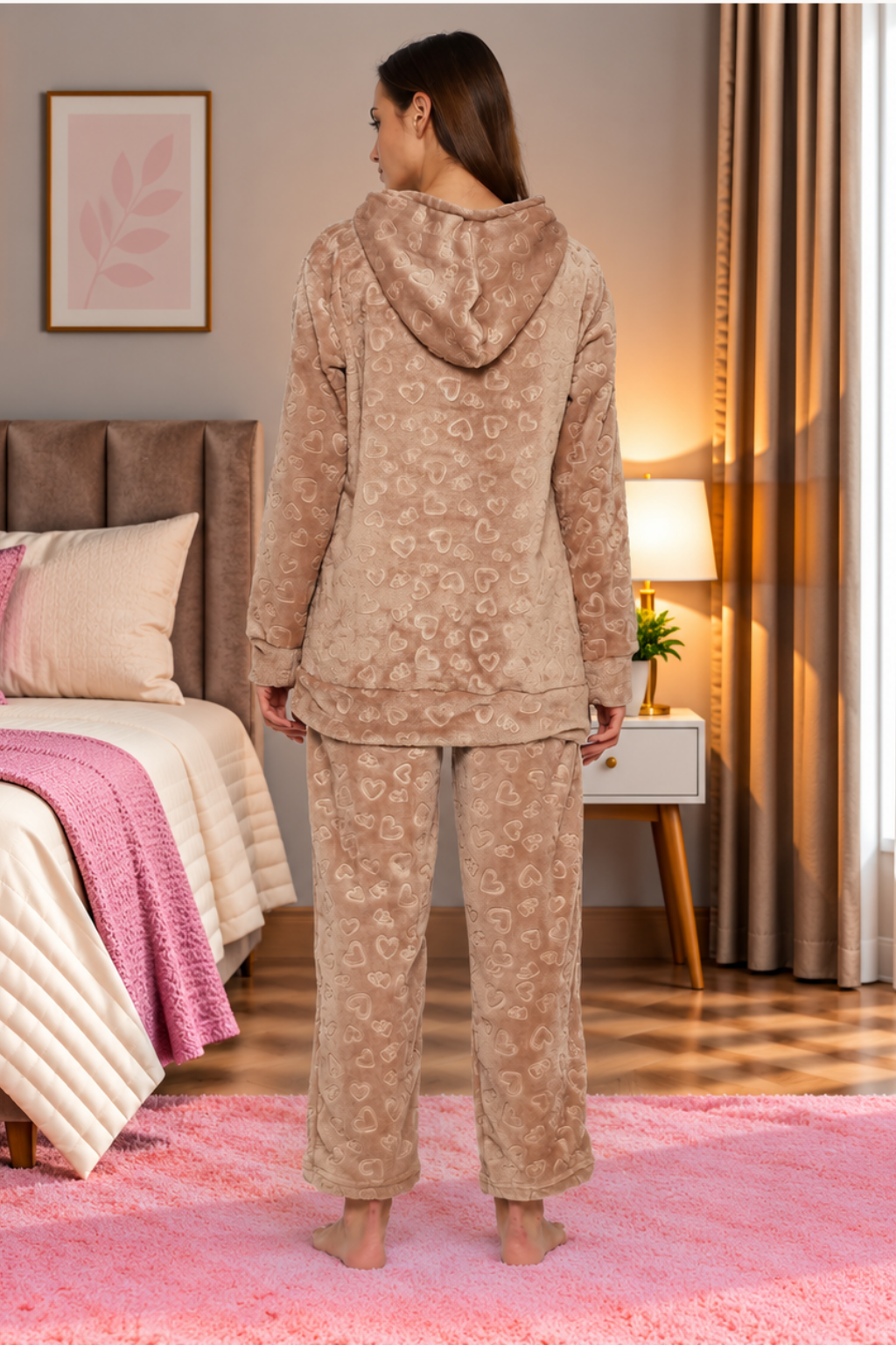 Women Embossed Full Sleeve Hooded Top and Pajama Pants with Pockets