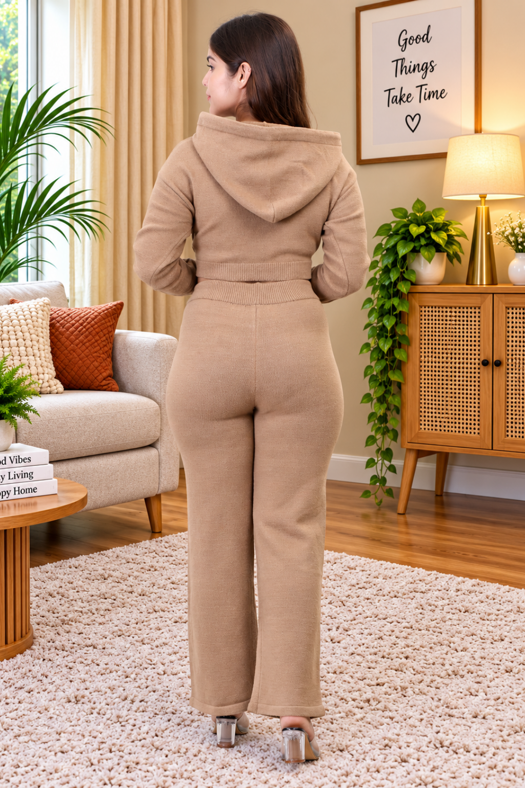 Women's Long Sleeve Hoody woolen Khaki Co-Ord Set