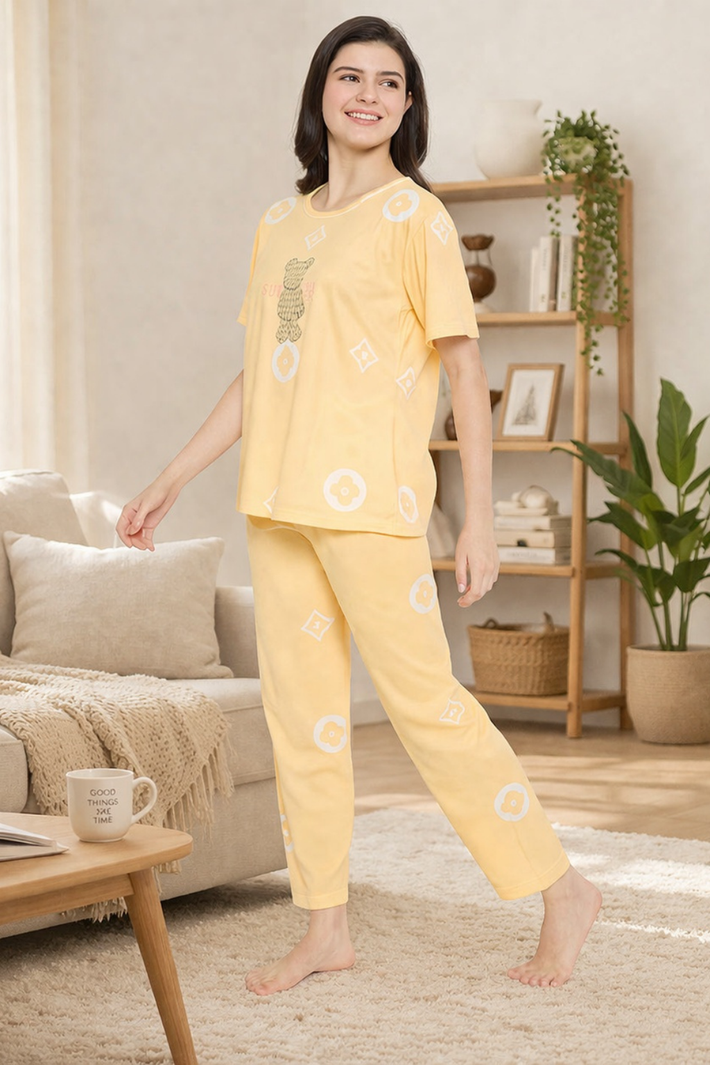 Camey Women Night Suit – Soft Cotton Printed Night Suit for Women | Stylish Sleepwear & Pyjama Set, Yellow