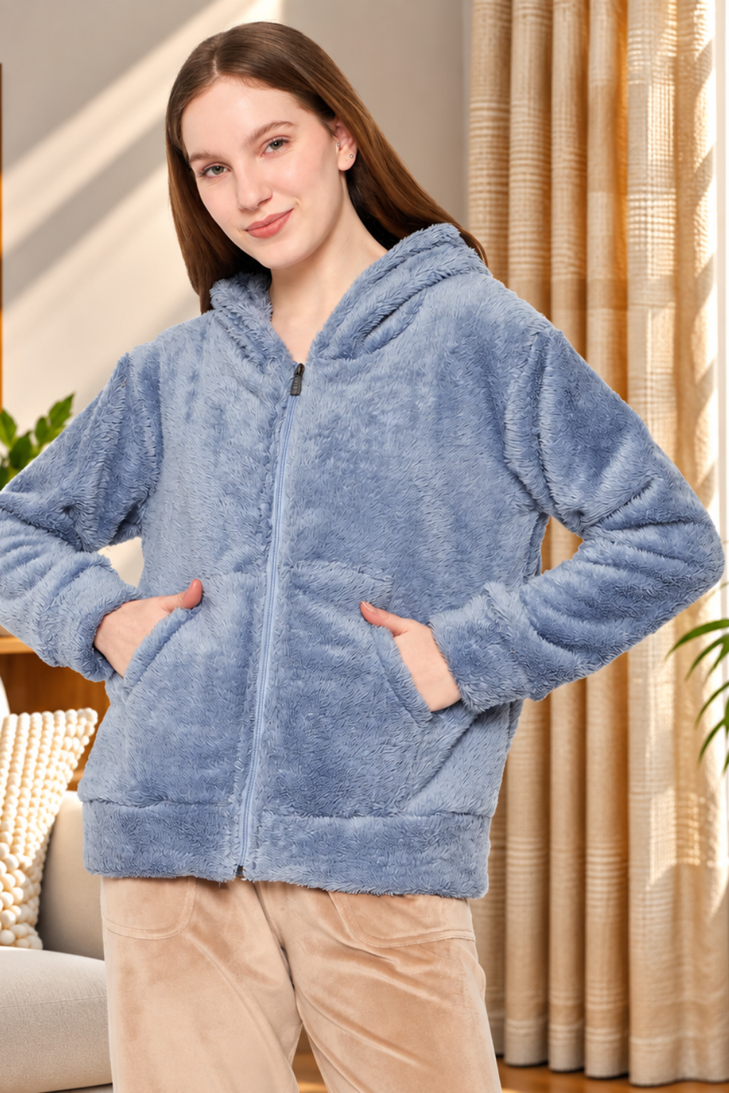 Women Solid Hooded Sherpa Fleece Sweatshirt