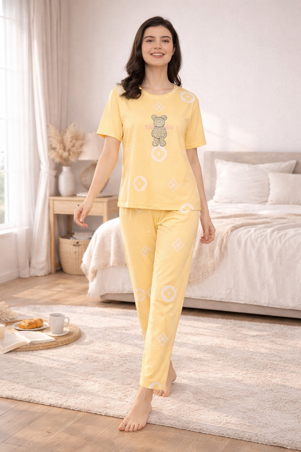 Women's Sleepwear Set, Cotton Pyjama with Short Sleeve T-Shirt,Loungewear