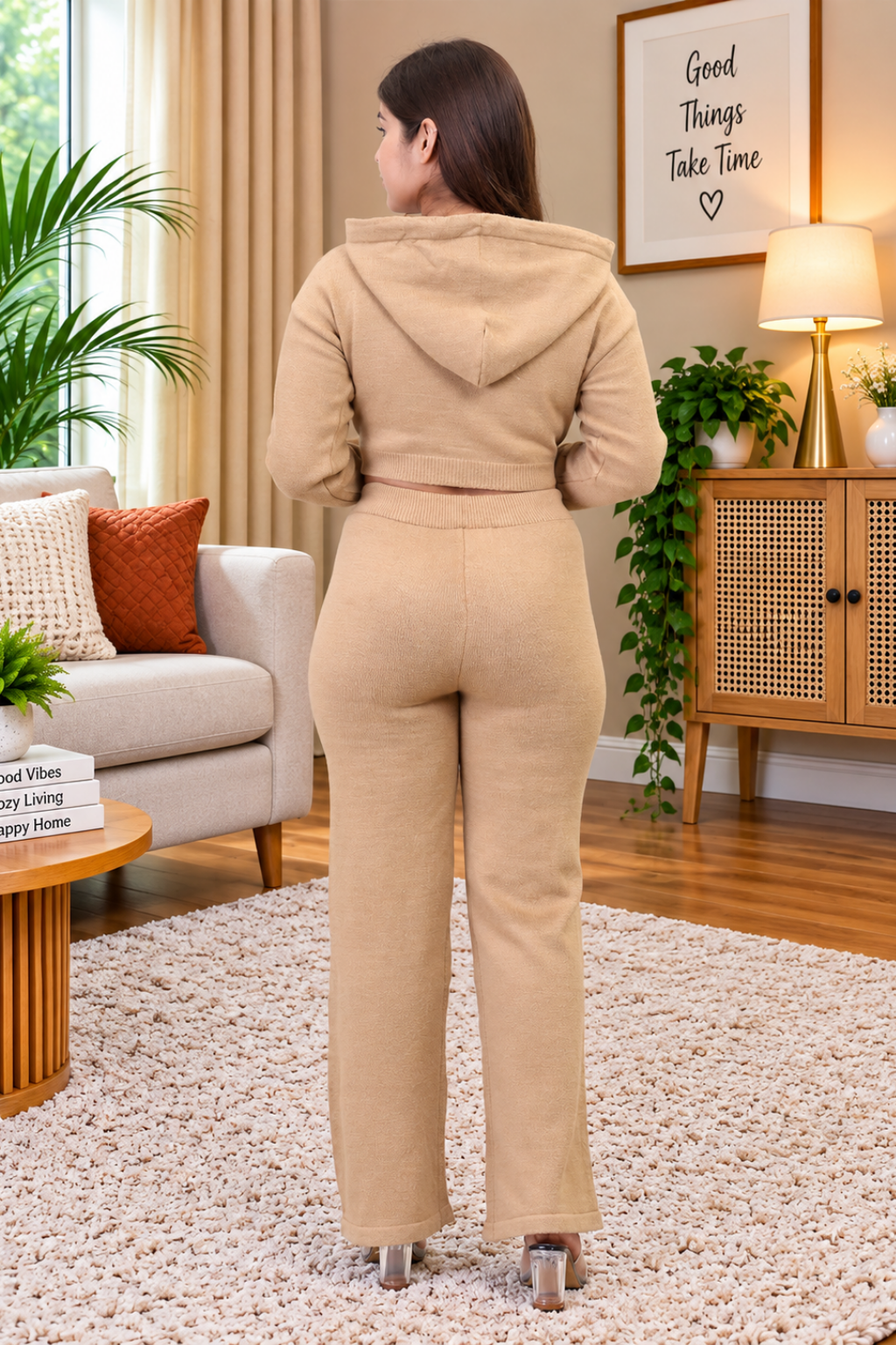 Women's Long Sleeve Hoody woolen Beige Co-Ord Set