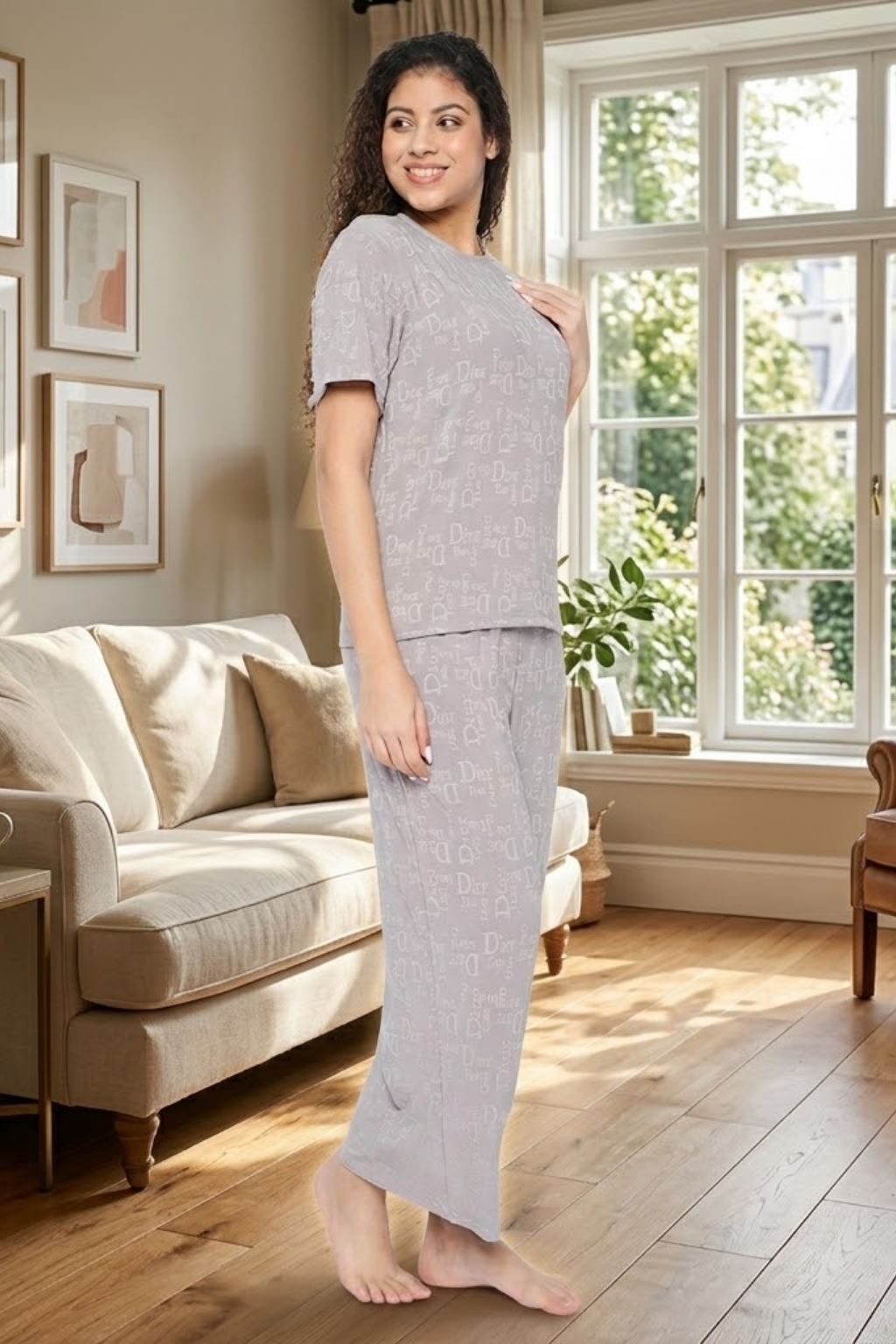 Top and Pyjama Set for Women Nightwear, Grey