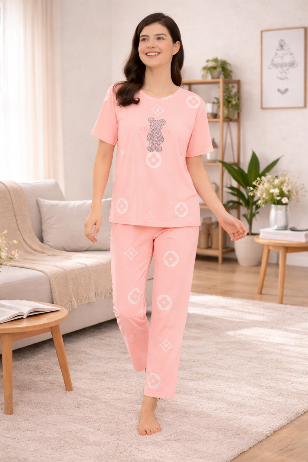 Women's Sleepwear Set, Cotton Pyjama with Short Sleeve T-Shirt,Loungewear