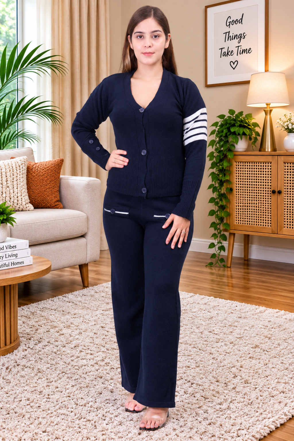 Women's Long Sleeve V-Neck open Button woolen Navy Co-Ord Set