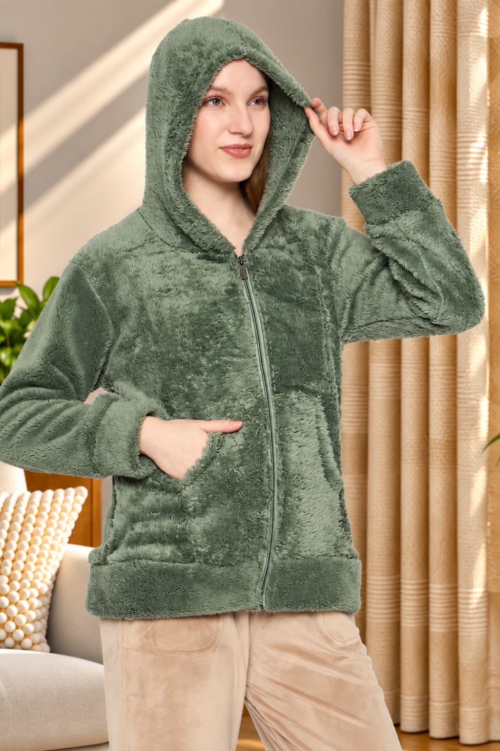 Women Solid Hooded Sherpa Fleece Sweatshirt