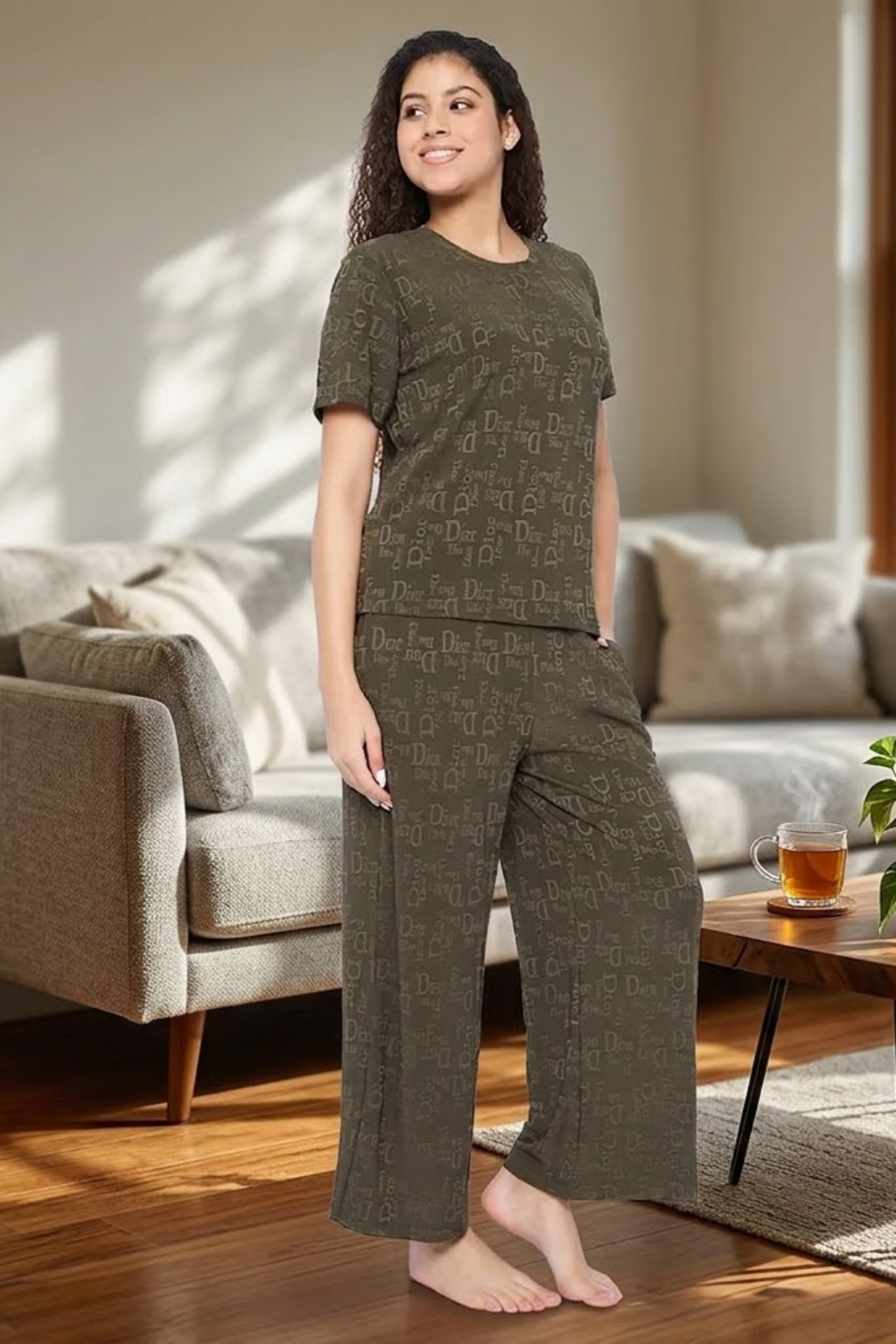 Top and Pyjama Set for Women Nightwear, Dark Green