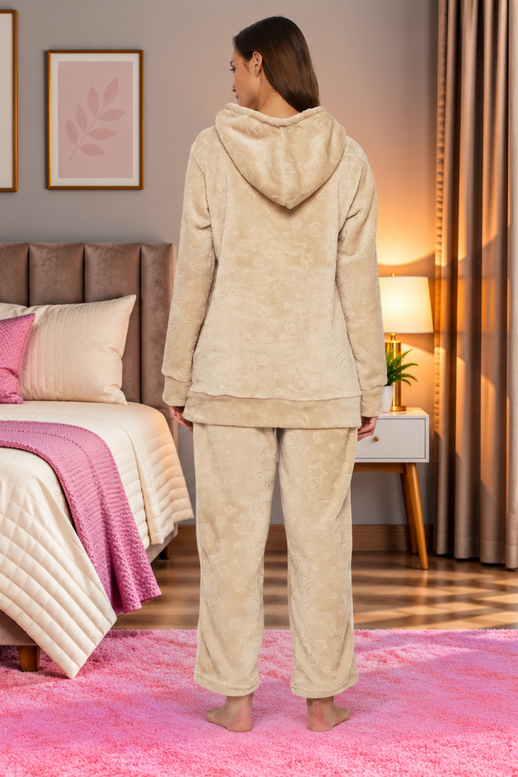 Women Embossed Full Sleeve Hooded Top and Pajama Pants with Pockets