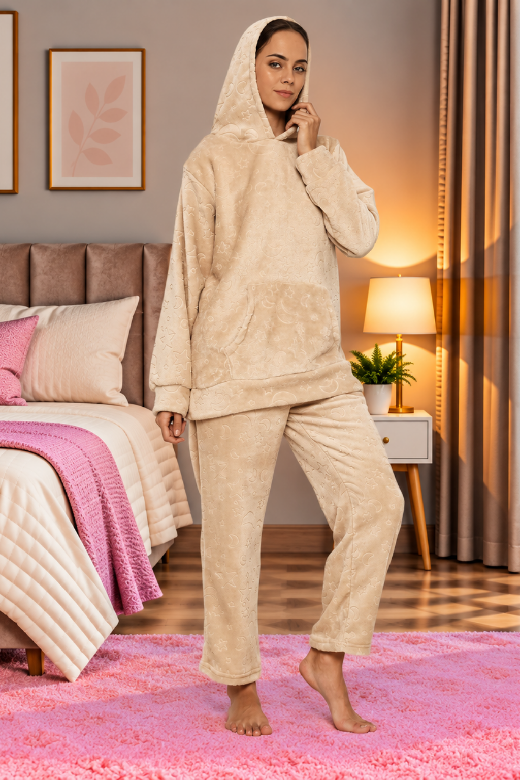Women Embossed Full Sleeve Hooded Top and Pajama Pants with Pockets