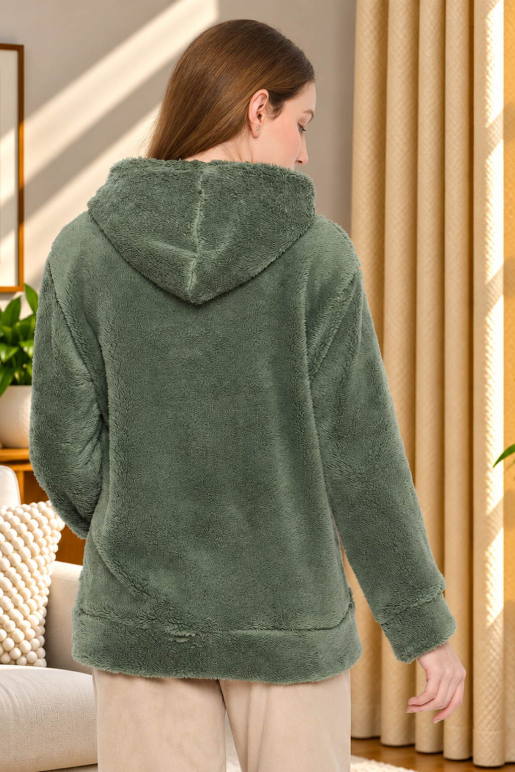 Women Solid Hooded Sherpa Fleece Sweatshirt