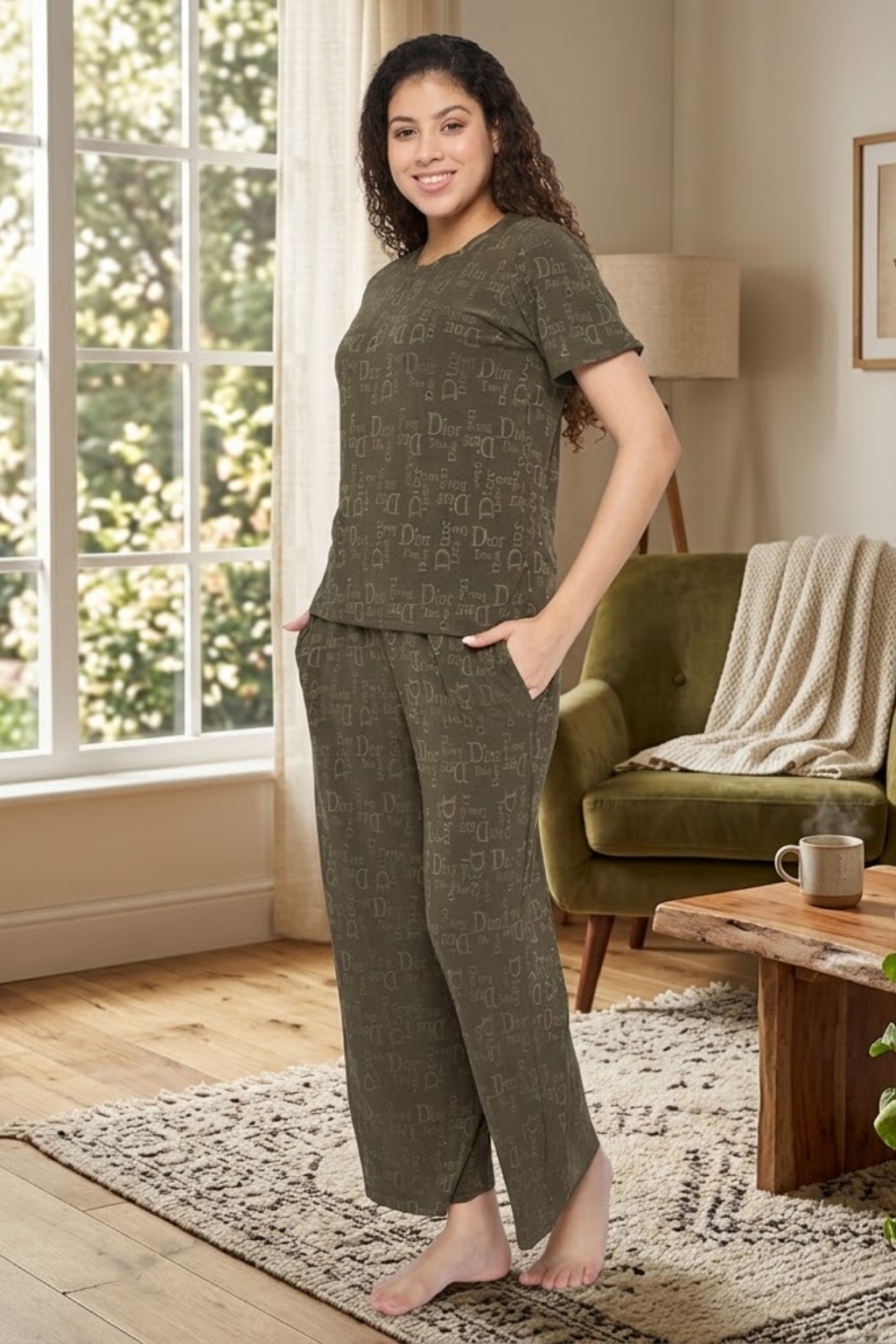 Top and Pyjama Set for Women Nightwear, Dark Green