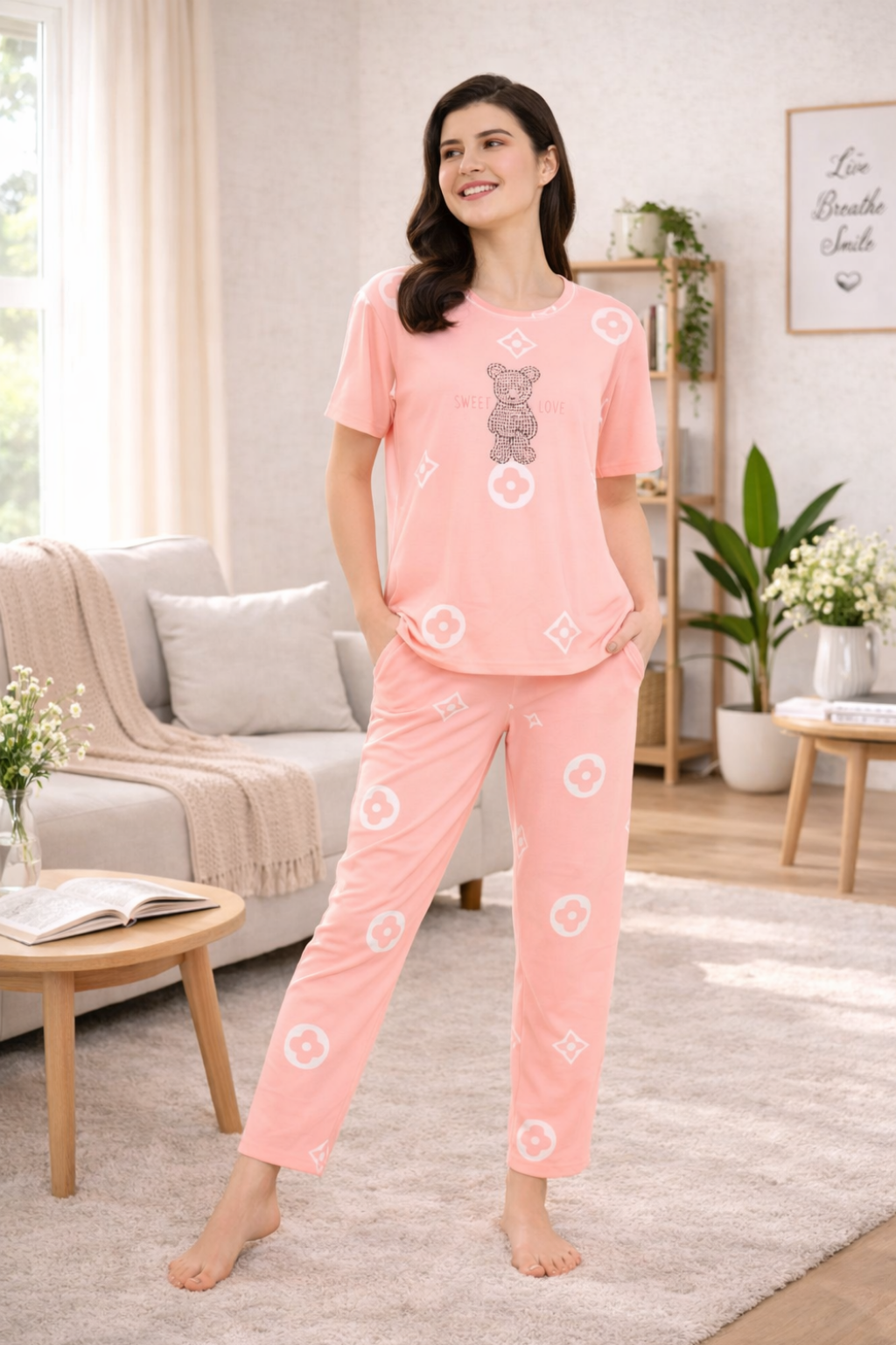 Women's Sleepwear Set, Cotton Pyjama with Short Sleeve T-Shirt,Loungewear