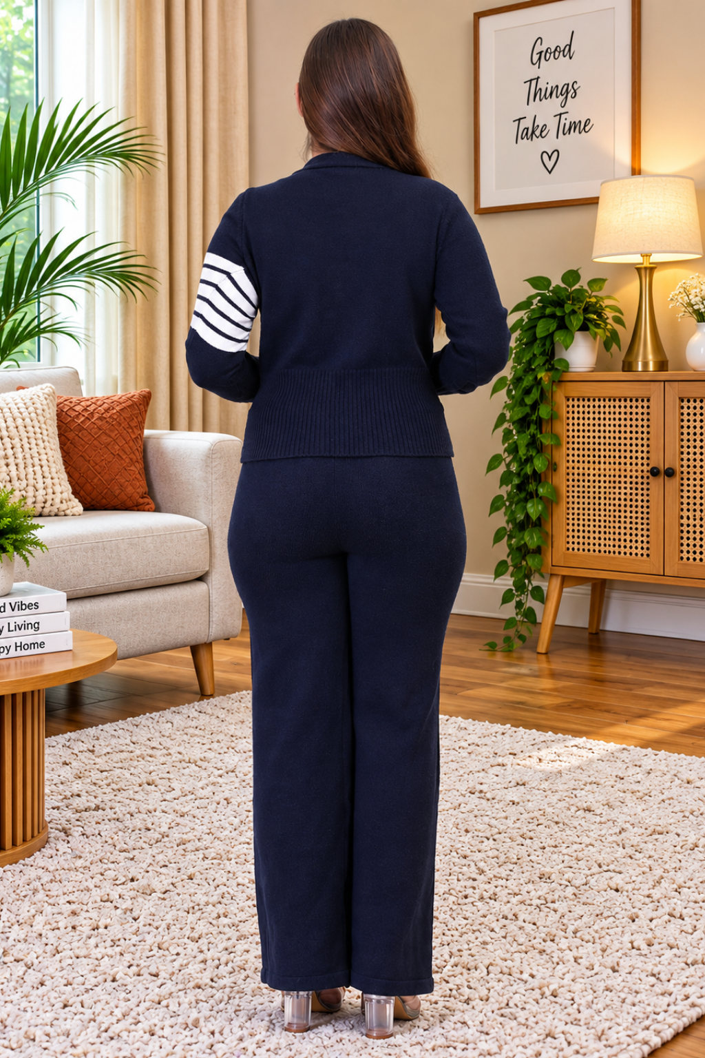 Women's Long Sleeve V-Neck open Button woolen Navy Co-Ord Set