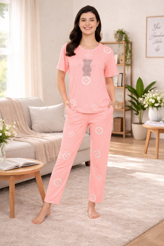 Women Night Suit for Women Cotton Night Dress Set | Soft Half Sleeve T-Shirt & Pyjama Set