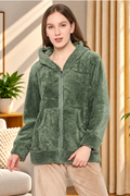 Women Solid Hooded Sherpa Fleece Sweatshirt