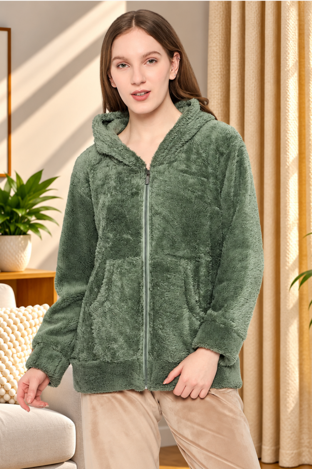 Women Solid Hooded Sherpa Fleece Sweatshirt