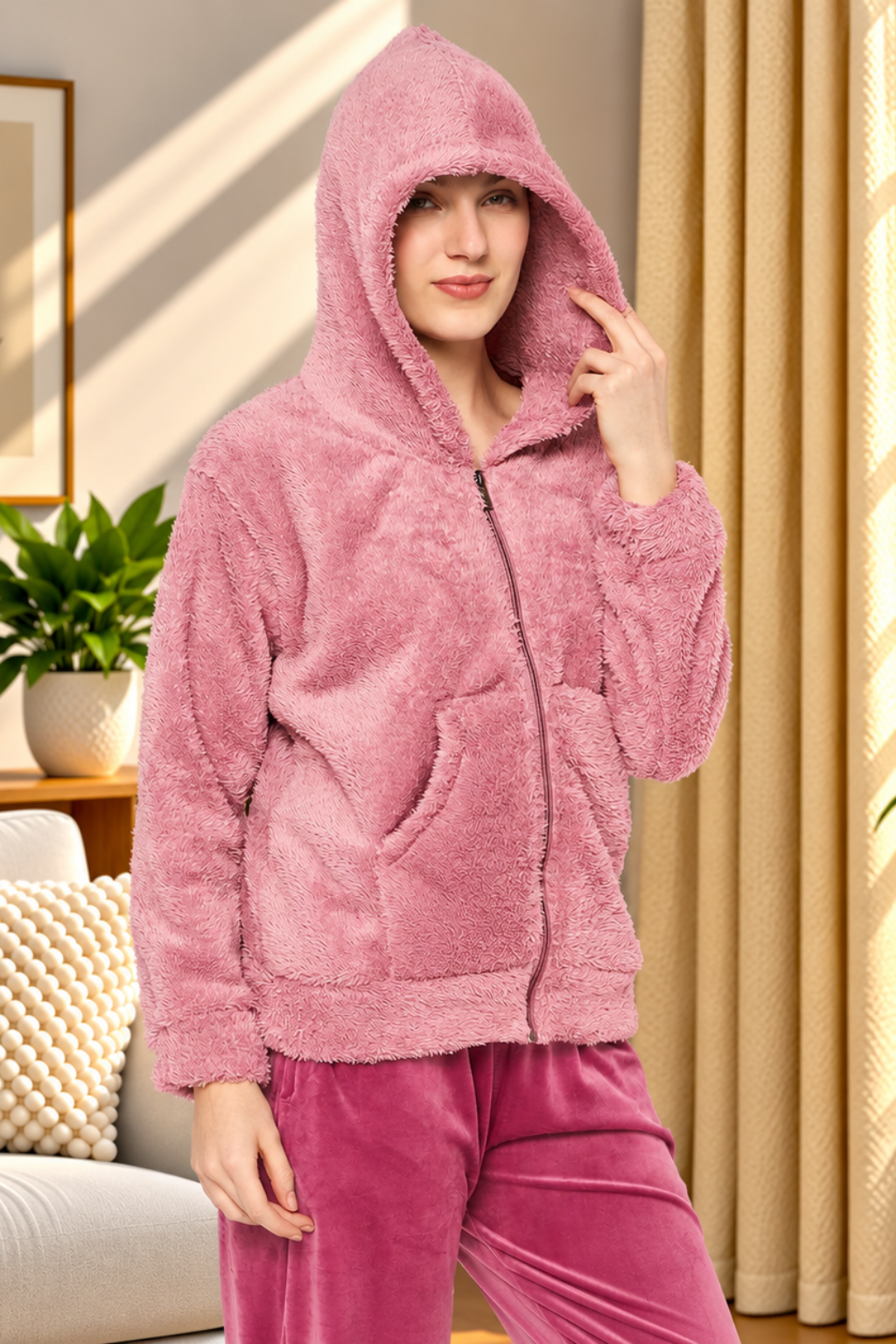 Women Solid Hooded Sherpa Fleece Sweatshirt