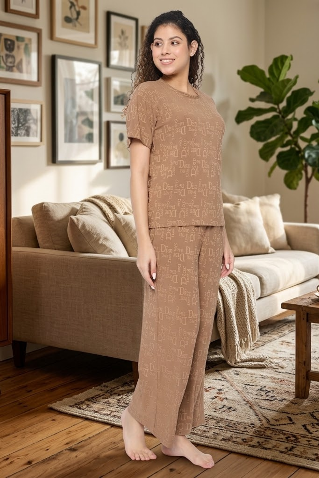 Top and Pyjama Set for Women Nightwear, Brown