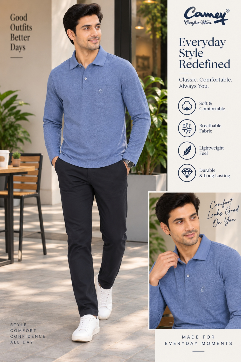 Men's Printed Full Sleeve T-Shirt For Men Polo Neck With Chest Pocket