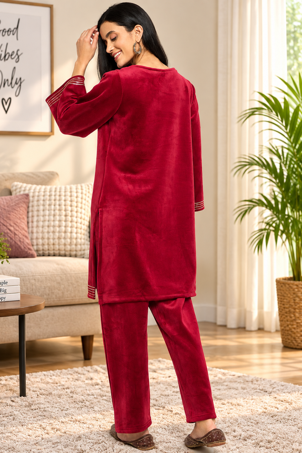 Women's Velvet Winter Kurti Set, Long Sleeves|Winter Velvet Kurti & Pajama Set