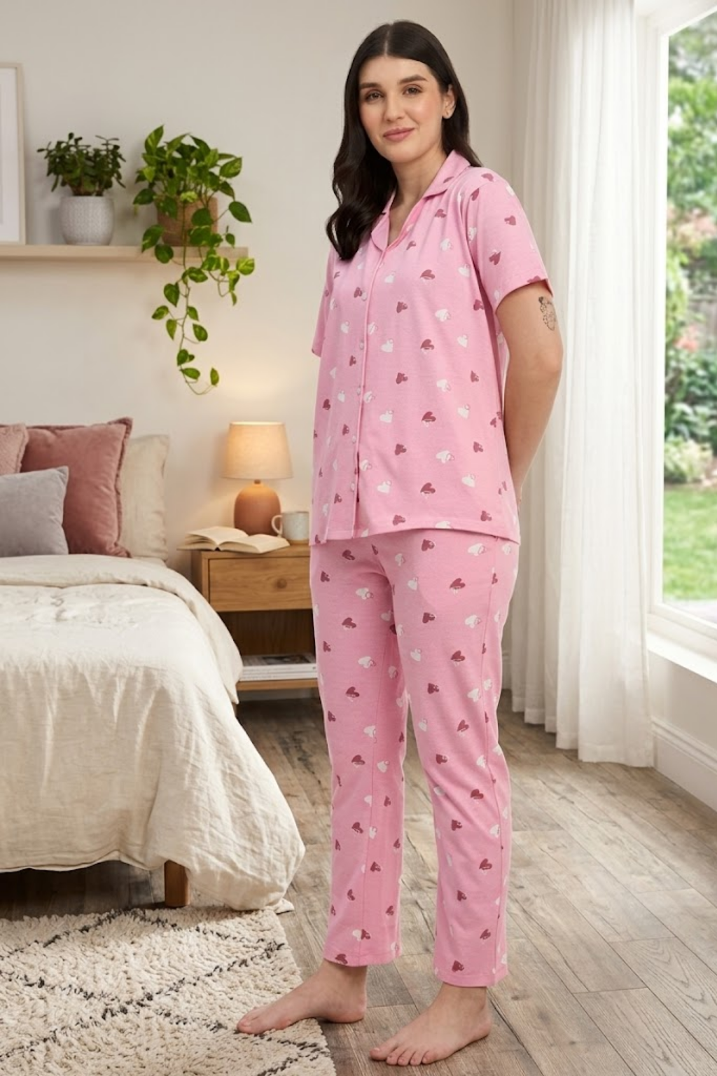 Women's Printed Nightsuit Pajama Set, Short Sleeve Button-Down Top with Pants, Cotton Nightwear, Pink