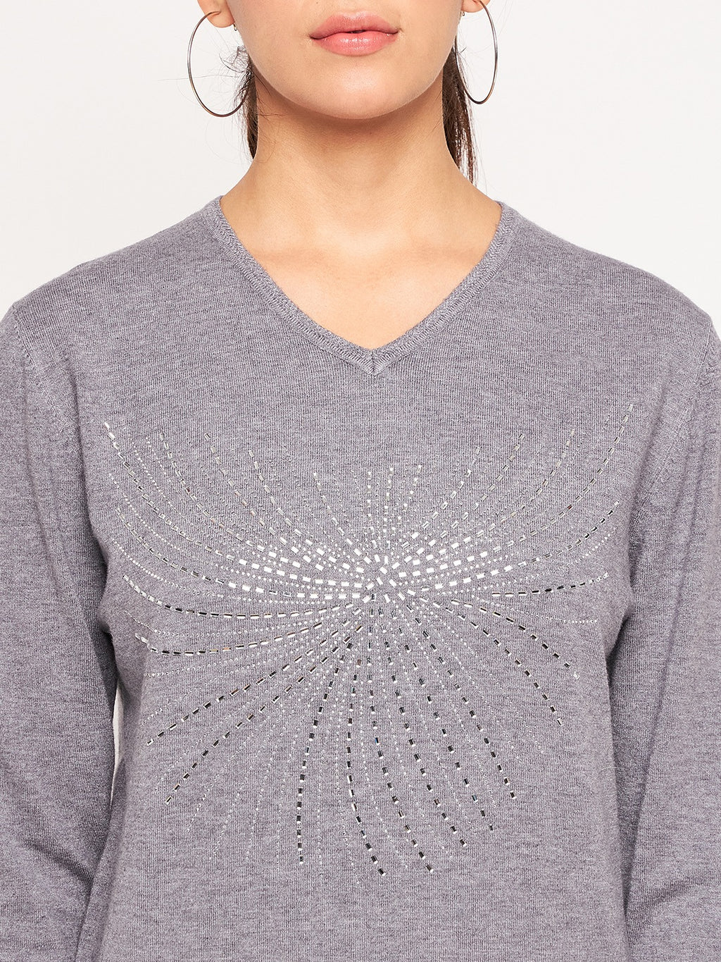 Women Woolen winter full sleeve stone print V- Neck top/Sweater