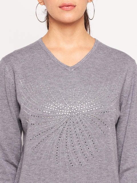 Women Woolen winter full sleeve stone print V- Neck top/Sweater
