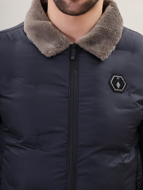 Navy Spread Collar Puffer Jacket for Mens