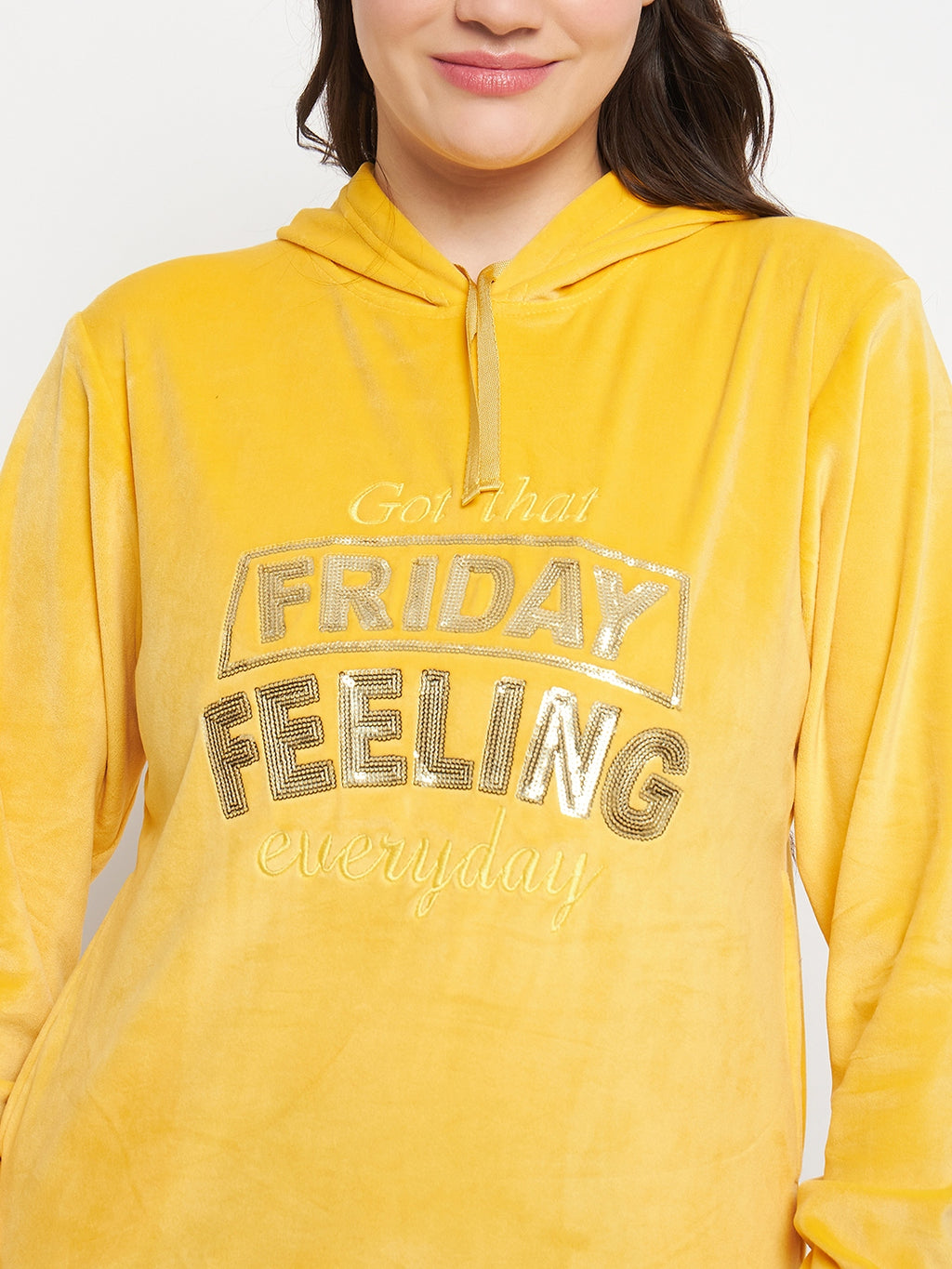 Women Solid Hooded Velvet Embroidered Winter Sweatshirt with 2 pockets