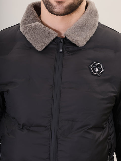 Black Spread Collar Puffer Jacket for Mens