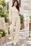 Camey Women Woolen Lounge Wear Set | Full Sleeve with Wide Leg Pants | Soft Warm Winter Co-Ord Set