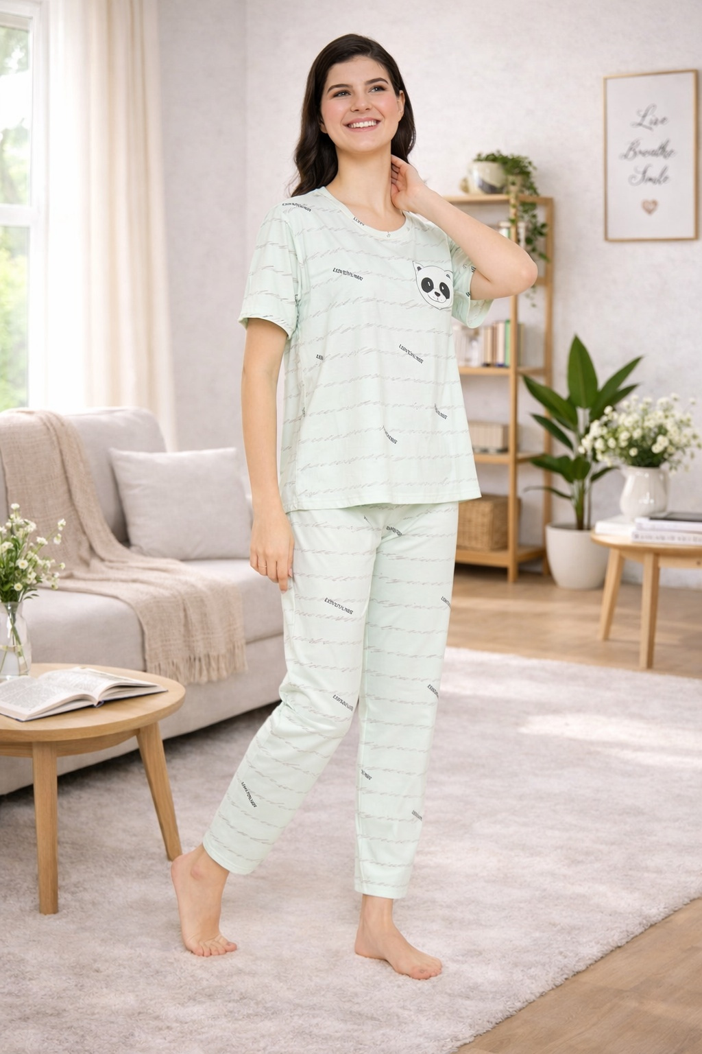 Women's Sleepwear Set, Cotton Pyjama with Short Sleeve T-Shirt,Loungewear