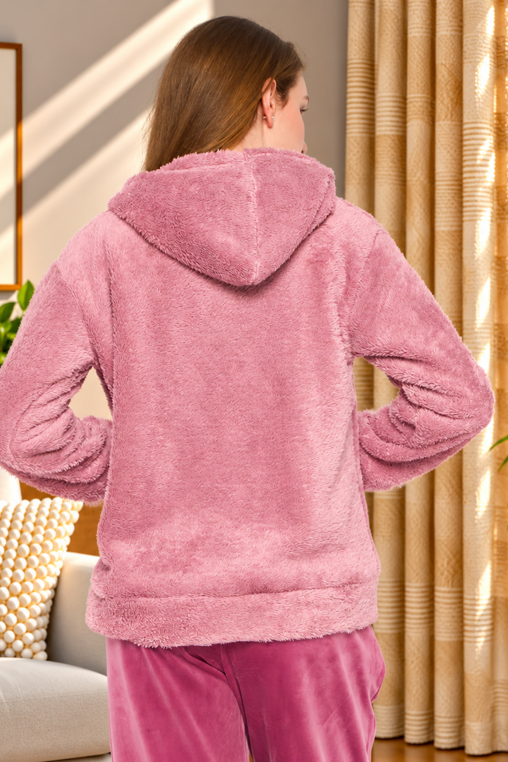Women Solid Hooded Sherpa Fleece Sweatshirt