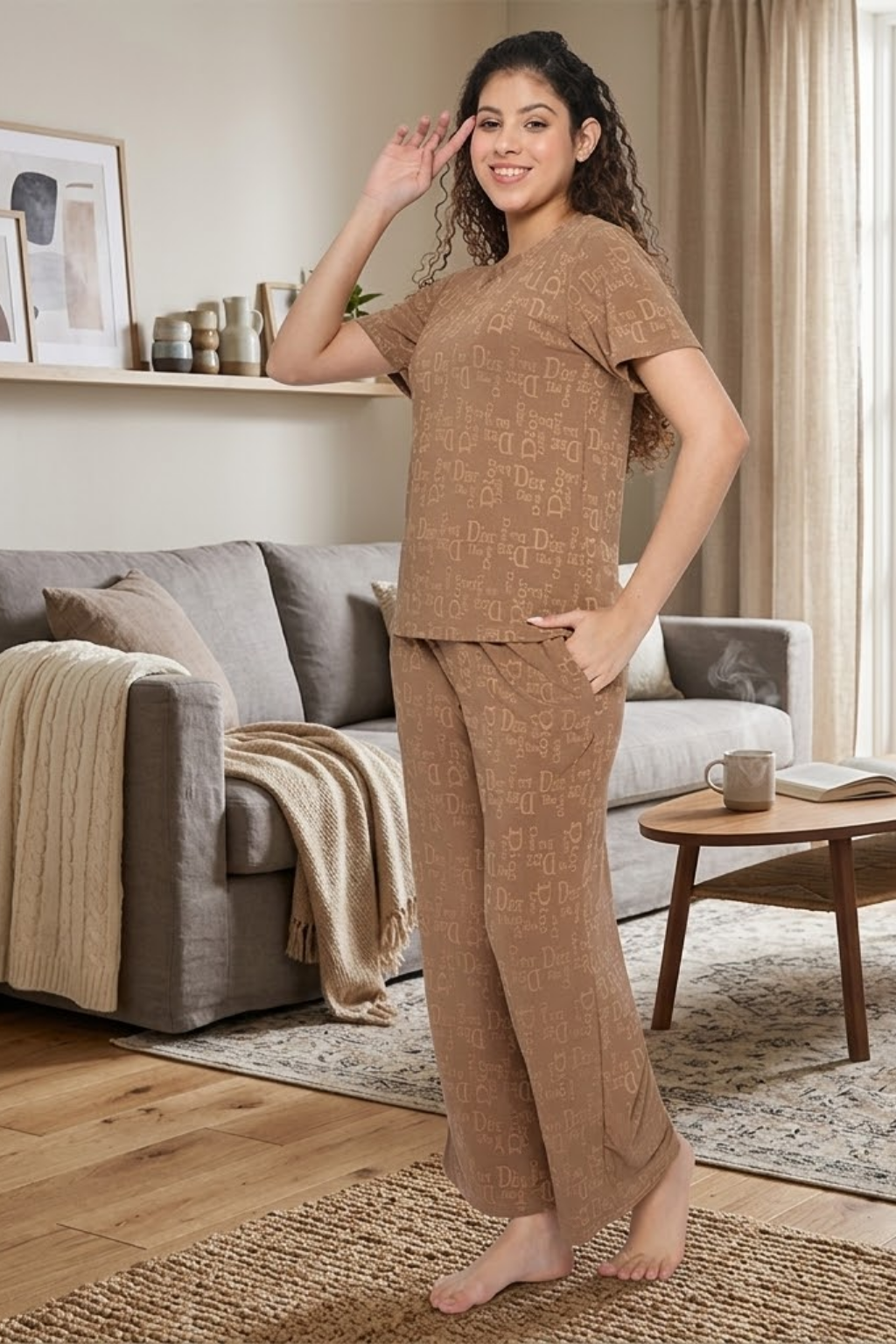 Top and Pyjama Set for Women Nightwear, Brown