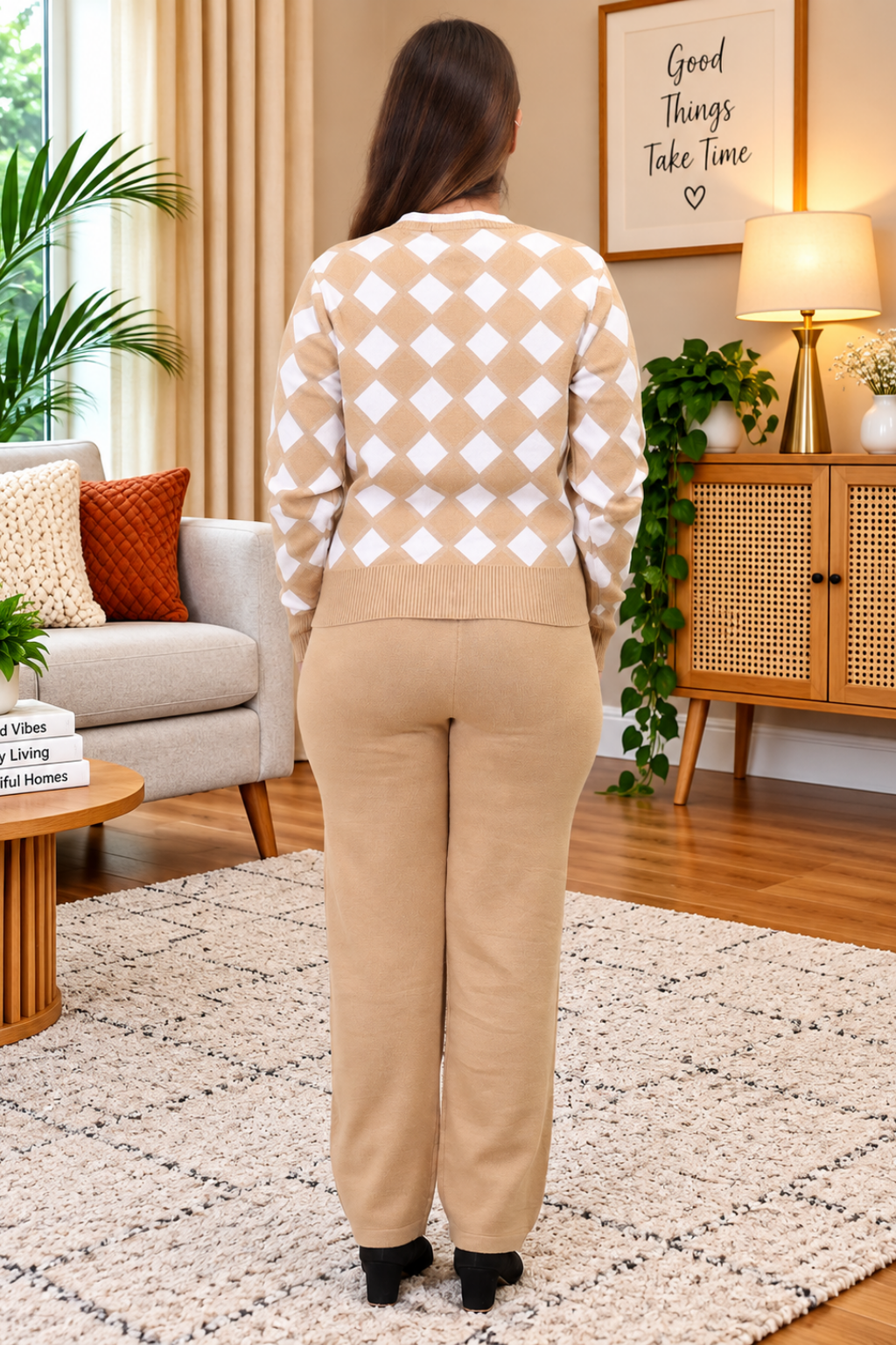 Women's Long Sleeve Round Neck Open Button woolen Beige Co-Ord Set