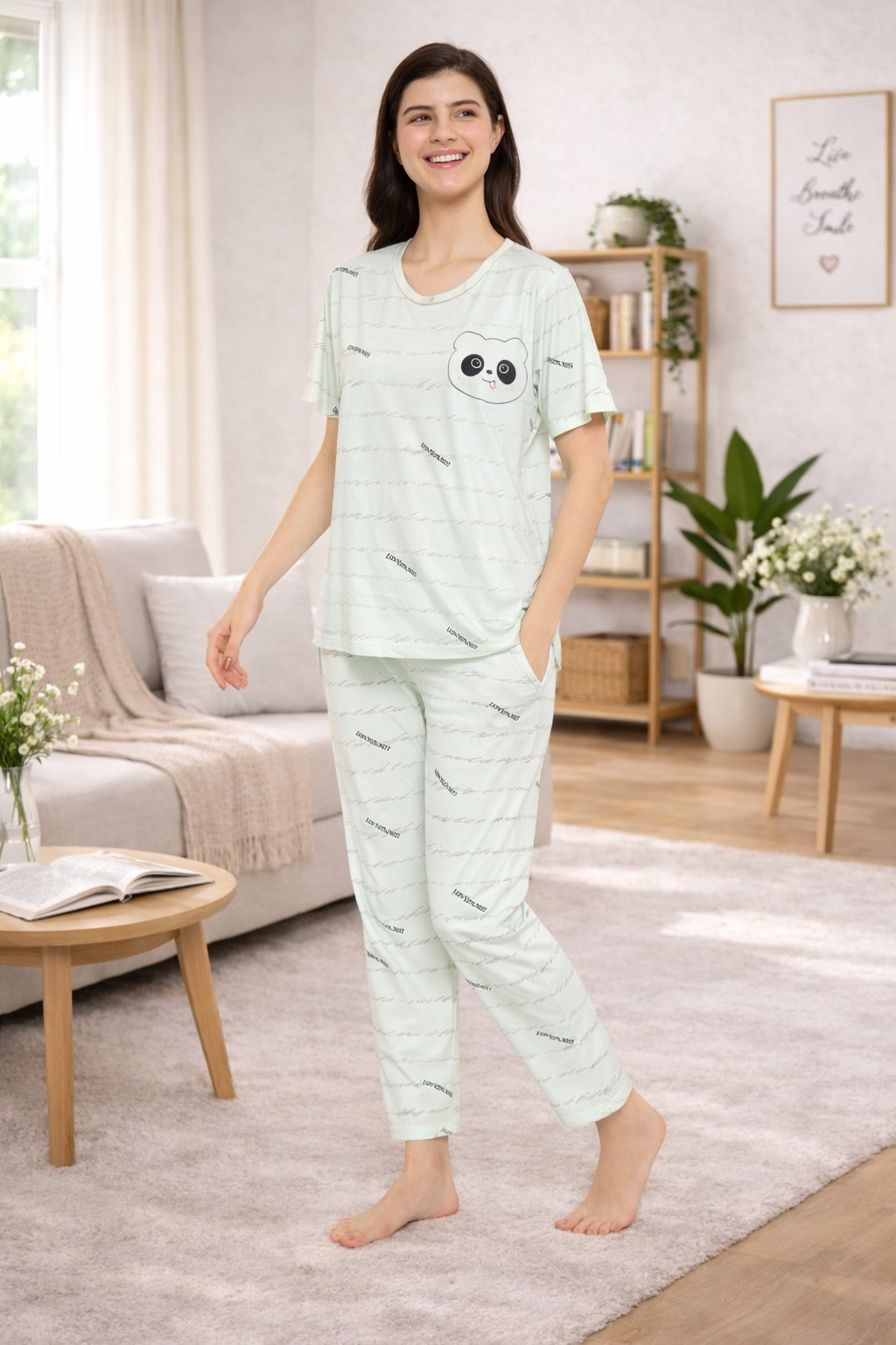 Women's Sleepwear Set, Cotton Pyjama with Short Sleeve T-Shirt,Loungewear