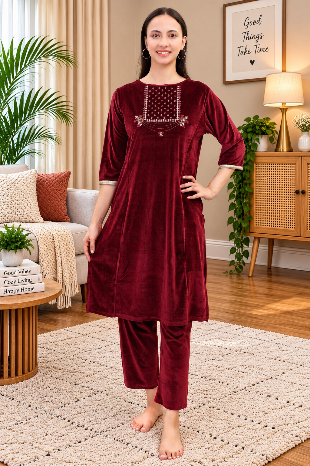 Women's Velvet Winter Embroidered Corduroy Kurti Set, Long Sleeves (Black)