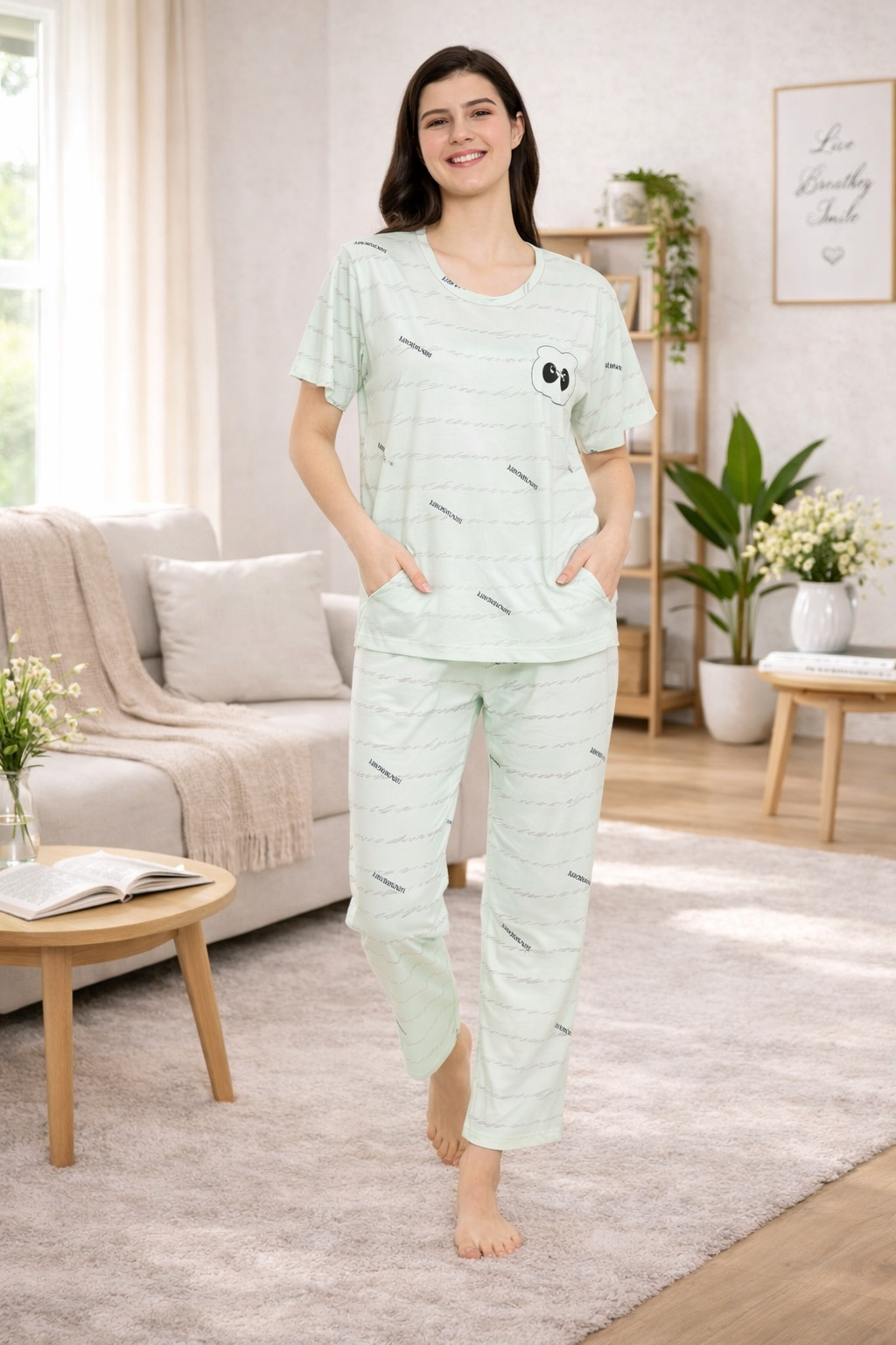 Women's Sleepwear Set, Cotton Pyjama with Short Sleeve T-Shirt,Loungewear