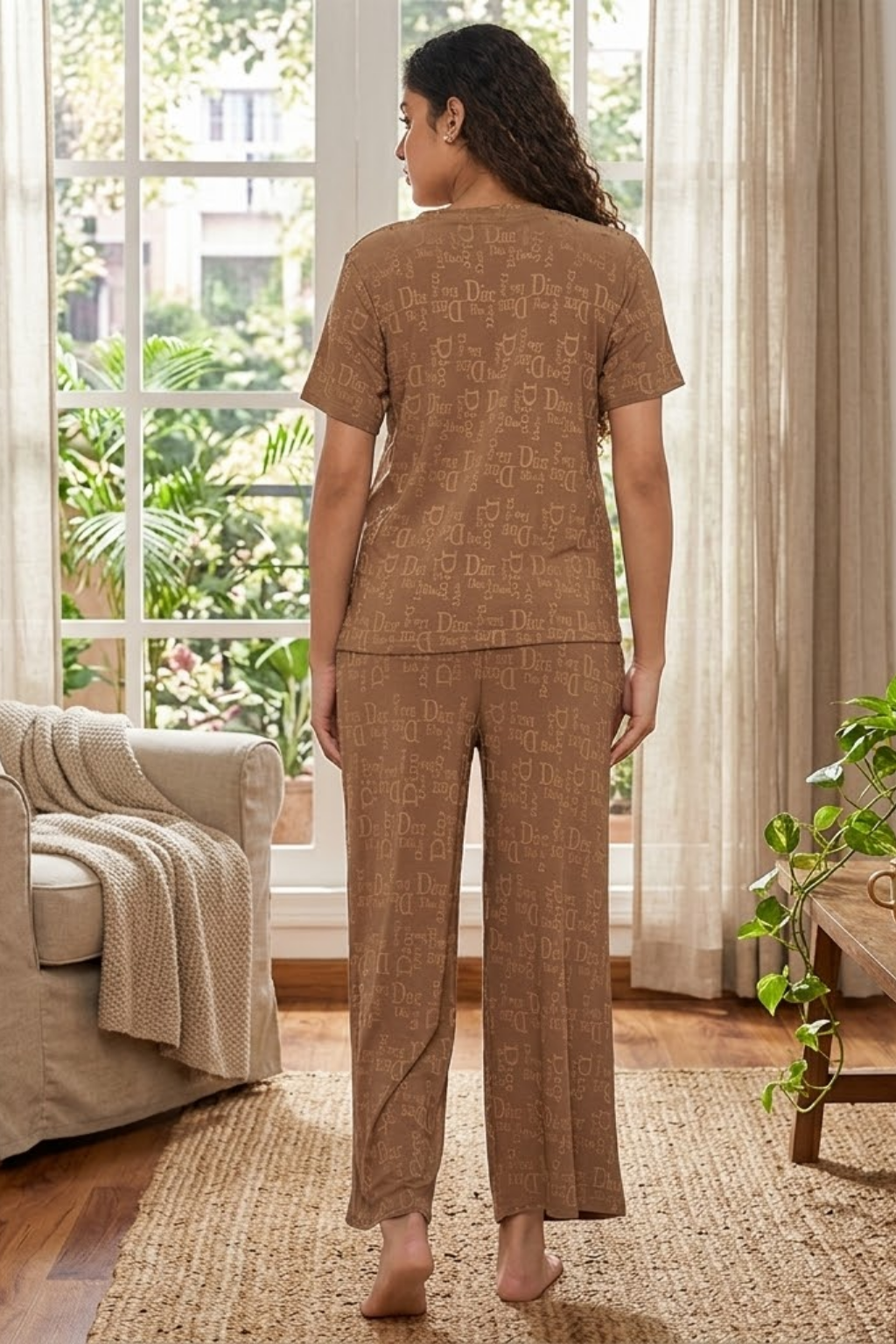 Top and Pyjama Set for Women Nightwear, Brown