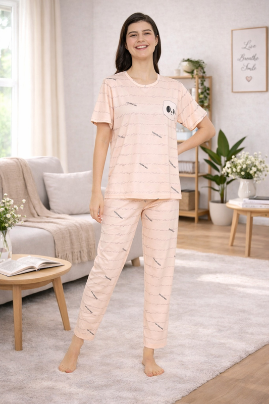 Camey Women Night Suit – Soft Cotton Night Suit for Women | Cute Panda Printed Sleepwear & Pyjama Set, Pink