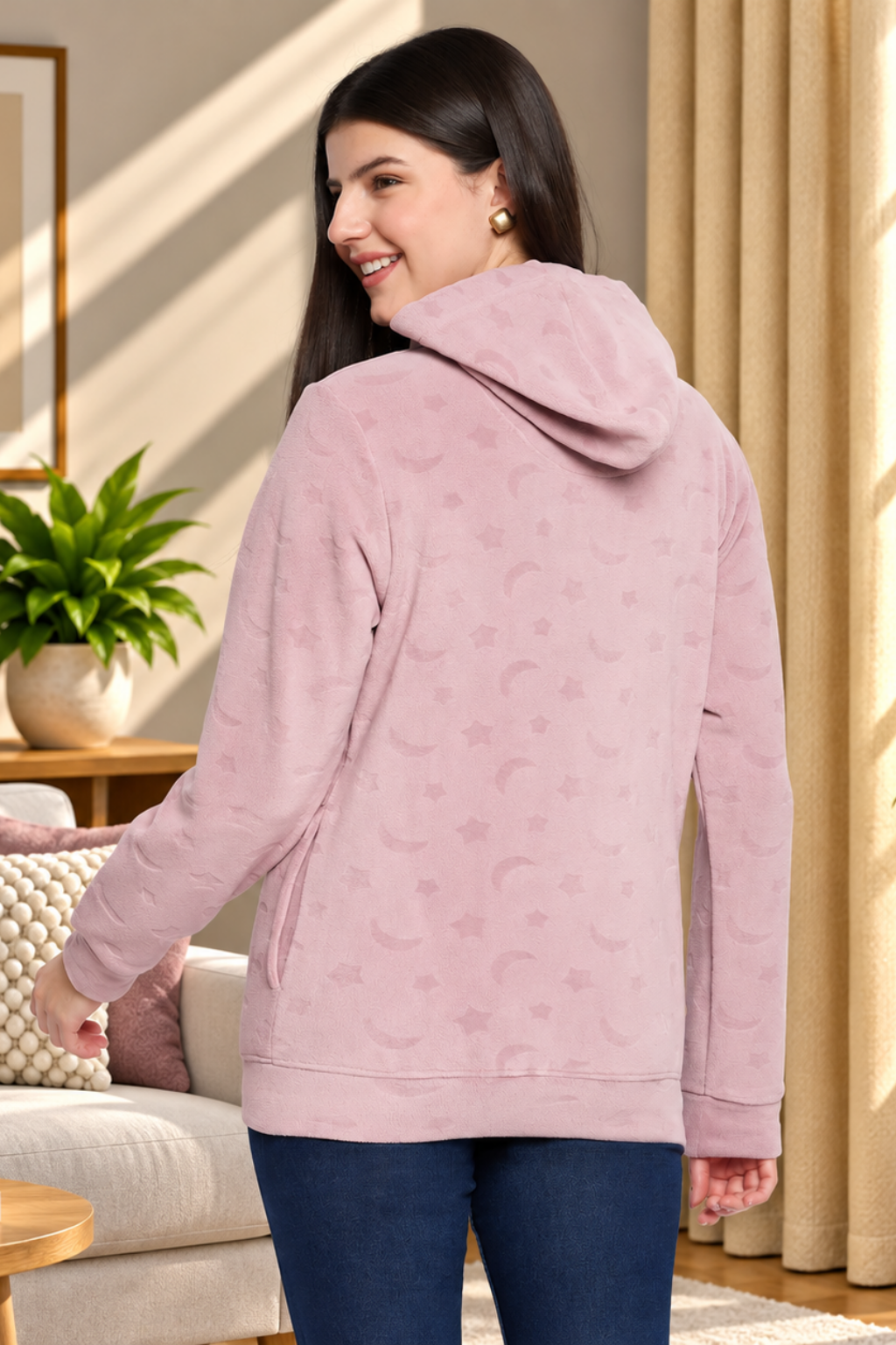 Women’s Embossed Fabric Auli Laser Cut Pattern Hoodie Sweatshirt – Full Sleeve, Zipper Front