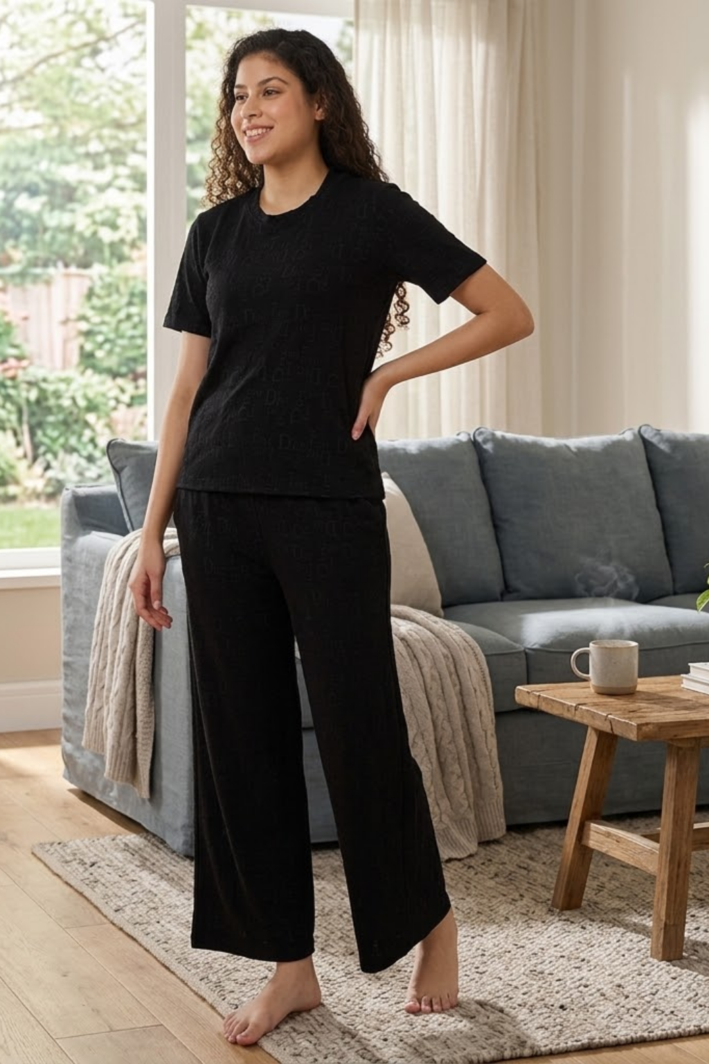 Top and Pyjama Set for Women Nightwear, Black