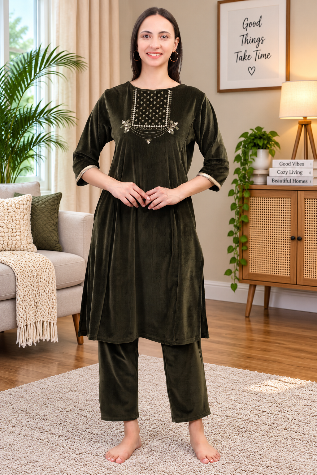 Women's Velvet Winter Embroidered Corduroy Kurti Set, Long Sleeves (Olive)