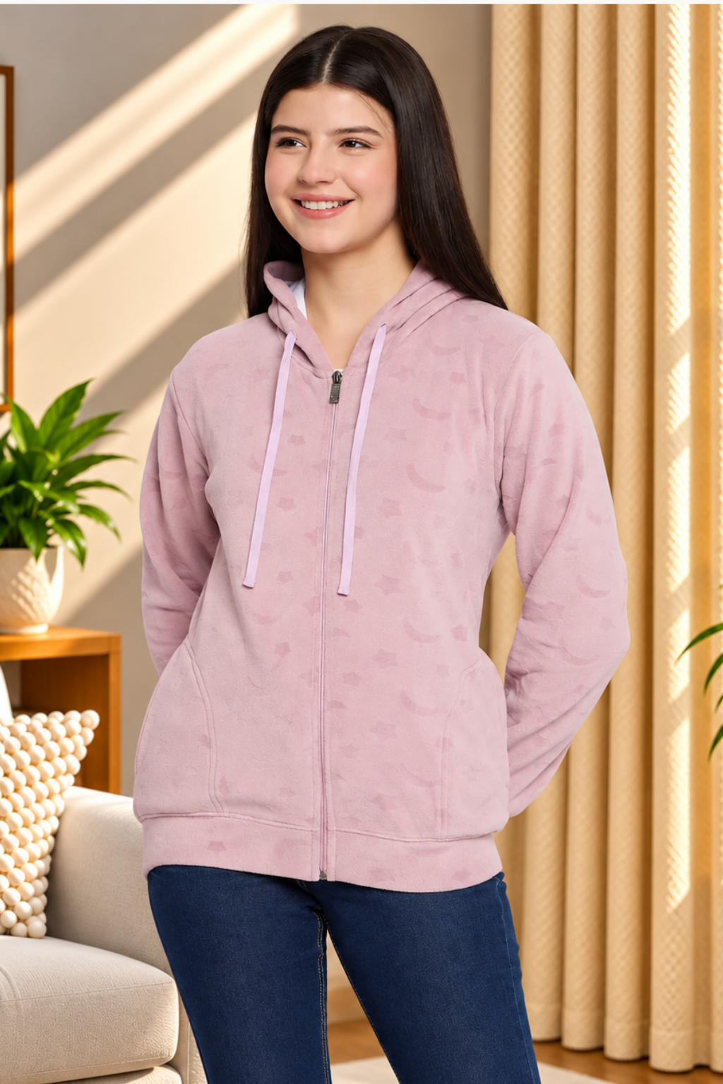 Women’s Embossed Fabric Auli Laser Cut Pattern Hoodie Sweatshirt – Full Sleeve, Zipper Front