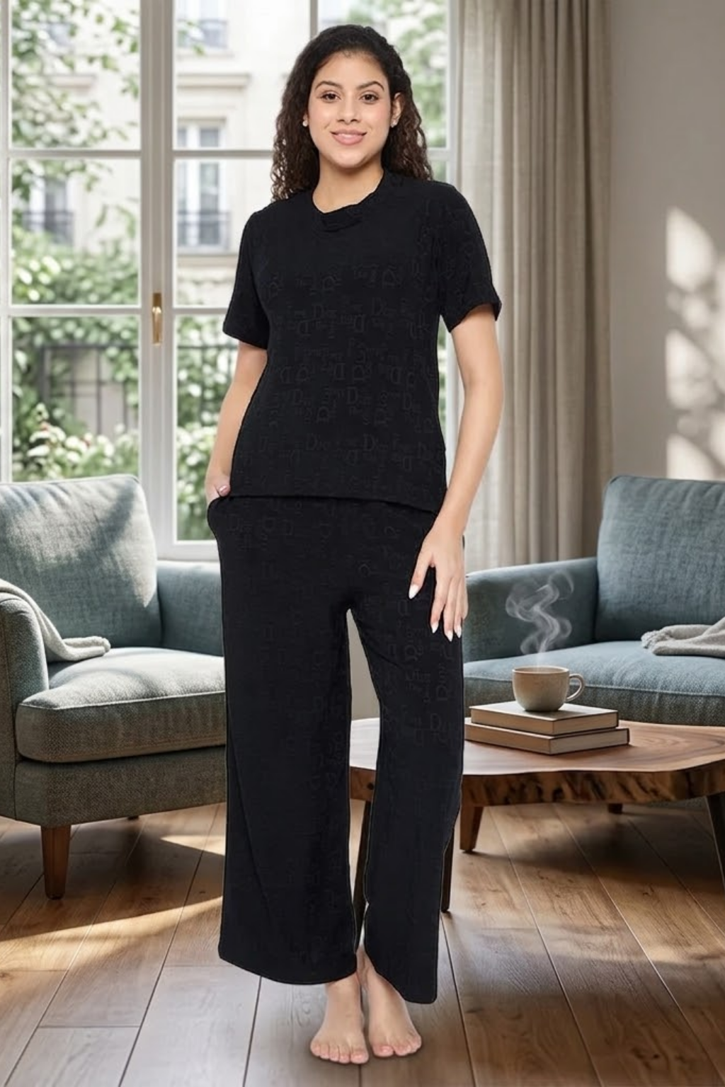 Top and Pyjama Set for Women Nightwear, Black