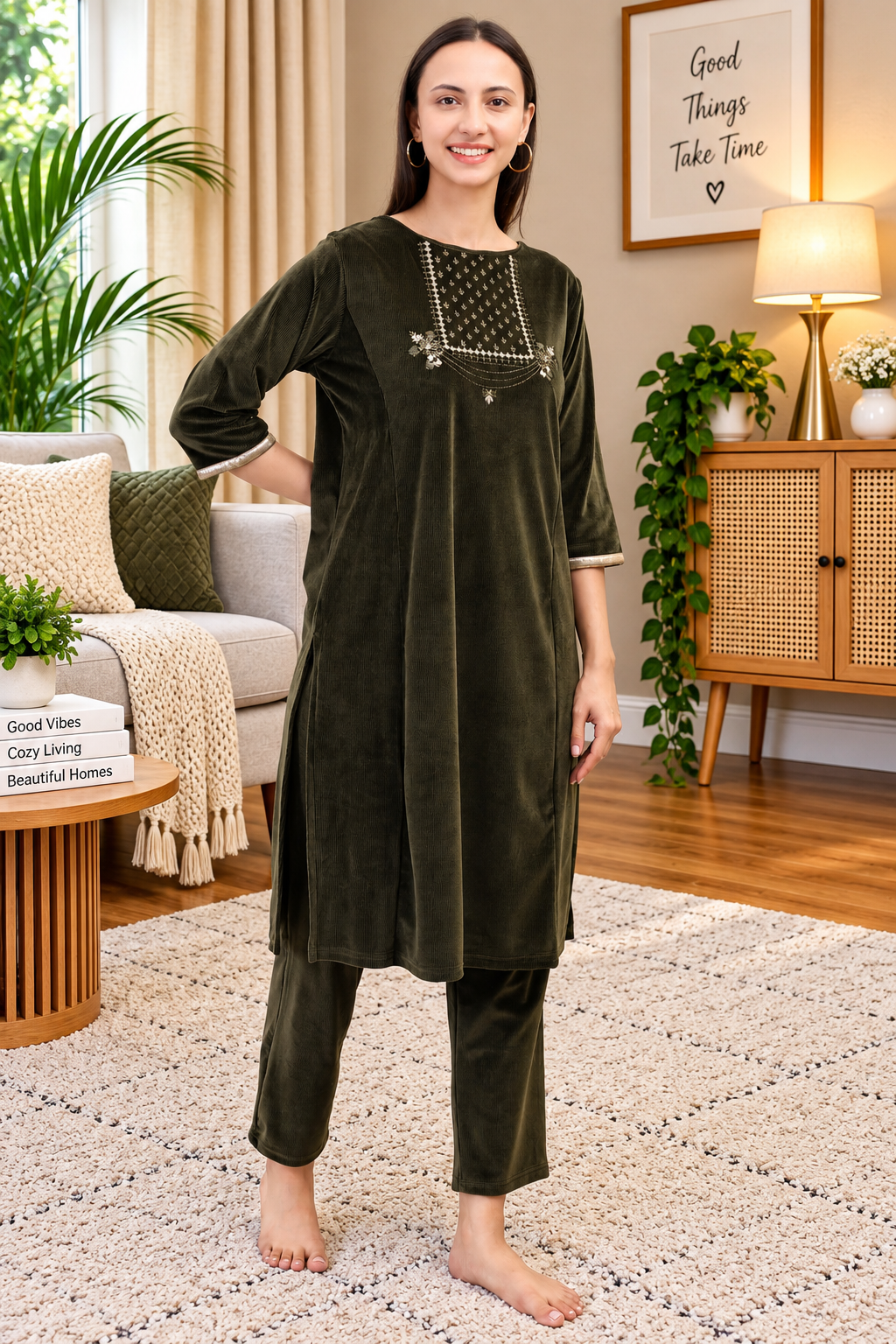 Women's Velvet Winter Embroidered Corduroy Kurti Set, Long Sleeves (Olive)